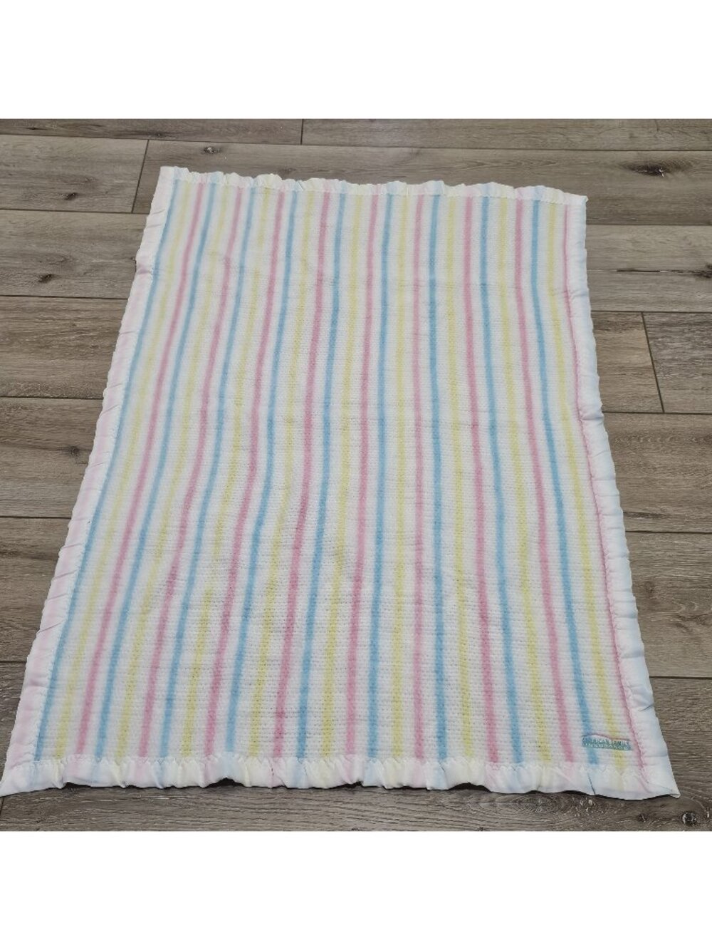 Vtg Beacon American Family Insurance Baby Blanket Pastel Stripe Waffle Weave USA